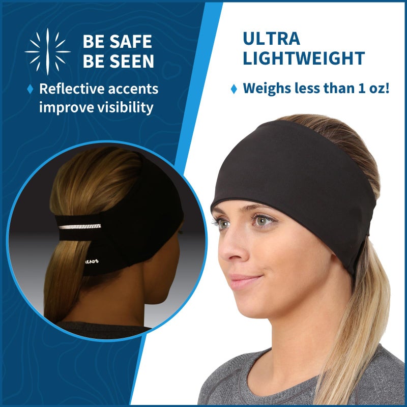 TrailHeads Womens Ponytail Headband - Reflective, Moisture Wicking Hair Headband for Running, Winter - Adrenaline Series - Black - Image 2